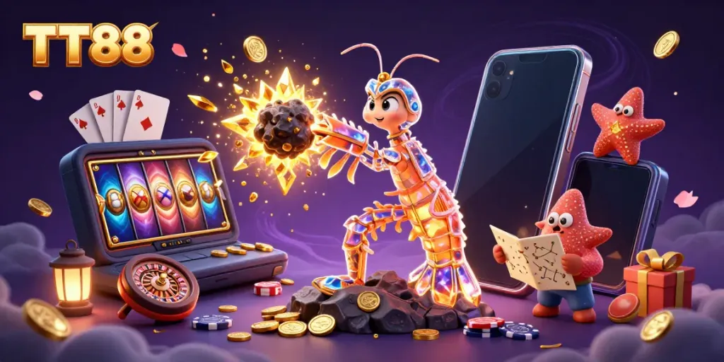 Experience thrilling gameplay at TT88 with vibrant 3D characters and casino elements exploding with excitement.