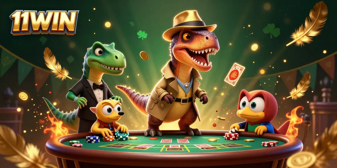 Engage with 11WIN as a velociraptor card counter at a bustling blackjack table, amidst vibrant gaming elements.