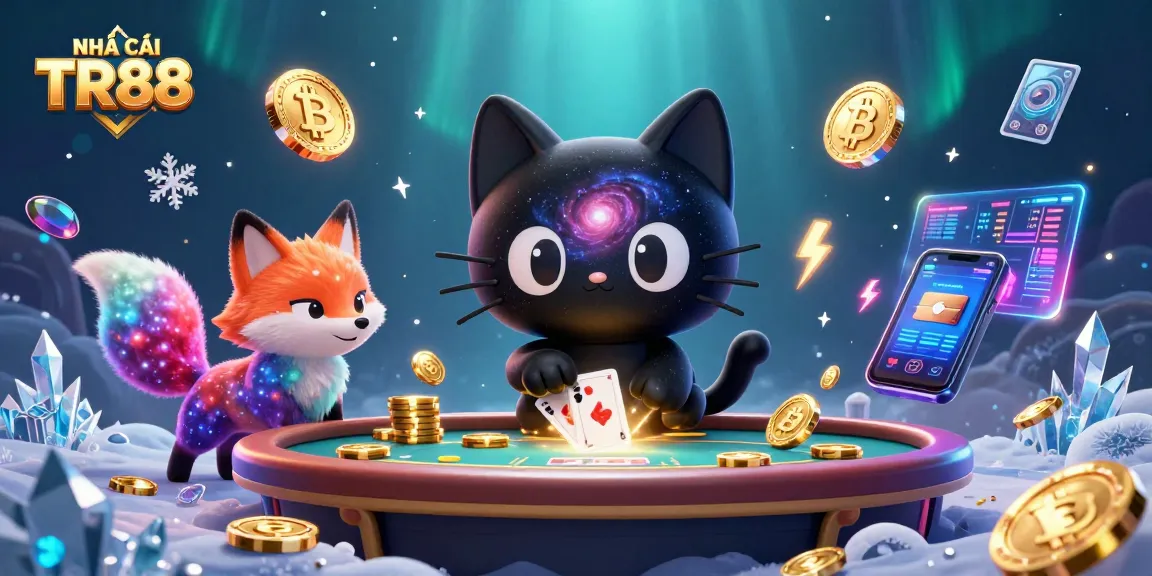 Engage with NHÀ CÁI TR88's thrilling cosmic casino game scene featuring vibrant characters and digital elements.