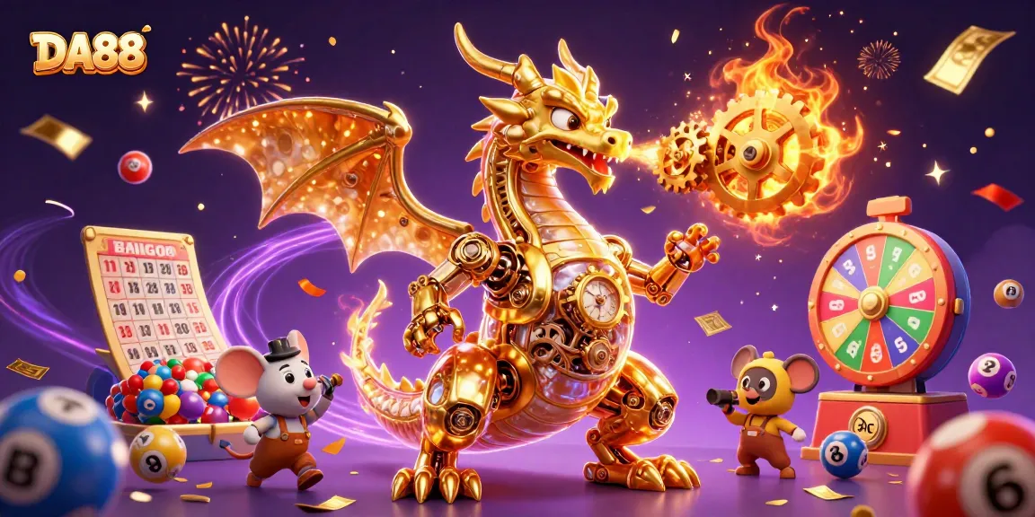 DA88 showcases a vibrant gaming scene with a golden dragon and lottery elements in celebration.