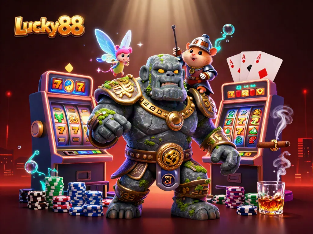Engage in thrilling gameplay with Lucky 88 as ancient characters and vivid slot elements create an exciting scene.