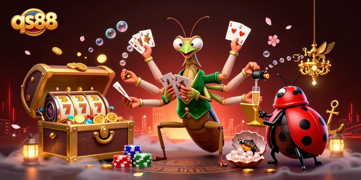 Experience thrilling gameplay with qs88 where a giant mantis card sharp entertains at an energetic casino scene.