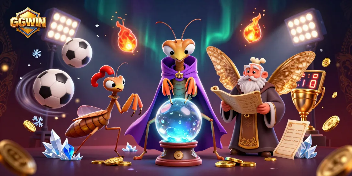 GGWIN interactive scene with a fortune teller and moth librarian surrounded by animated sports elements.