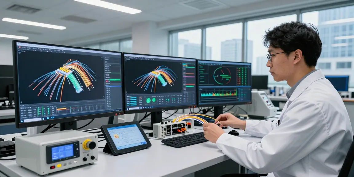 Engineers analyzing optical fiber optic connections in a high-tech workspace for network solutions.