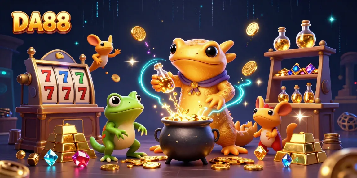 DA88 showcases a golden salamander alchemist transforming metals into wealth in a casino scene.