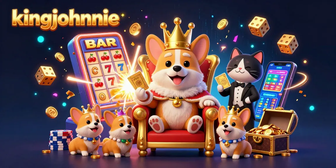 Experience thrilling wins with kingjohnnie in this vibrant casino scene featuring animated characters and games.