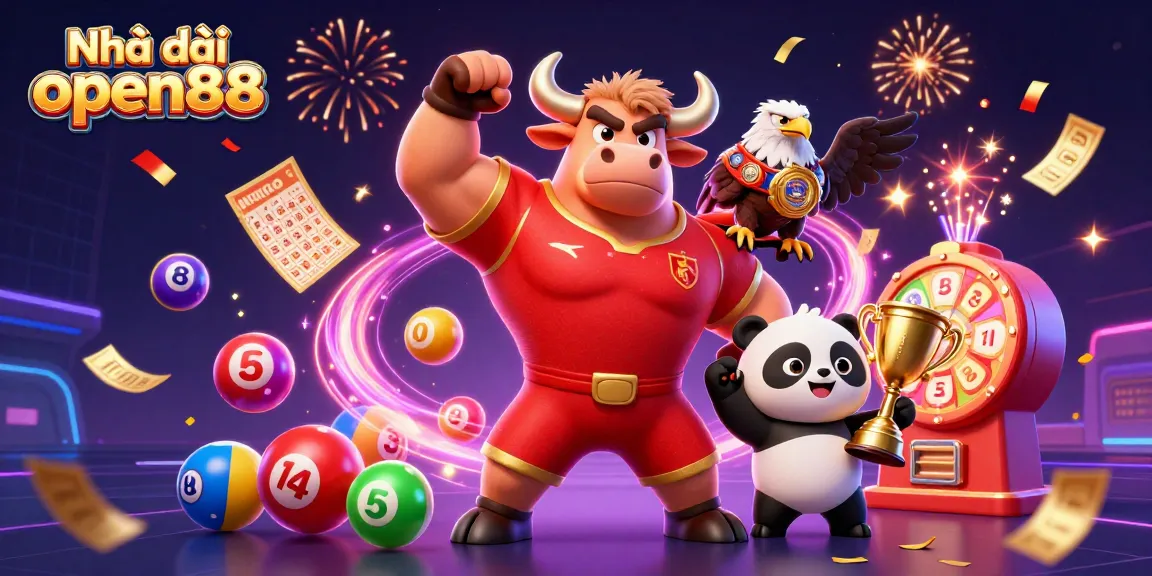 Action-packed scene showcasing Nhà cái open88 with mascot characters and vibrant casino elements raining down in celebration.