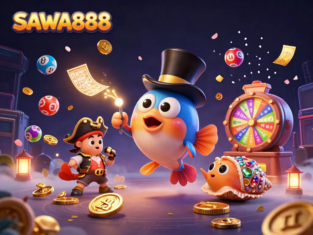 SAWA888 engages players with a vibrant deep-sea casino adventure, featuring gold coins and lottery balls.