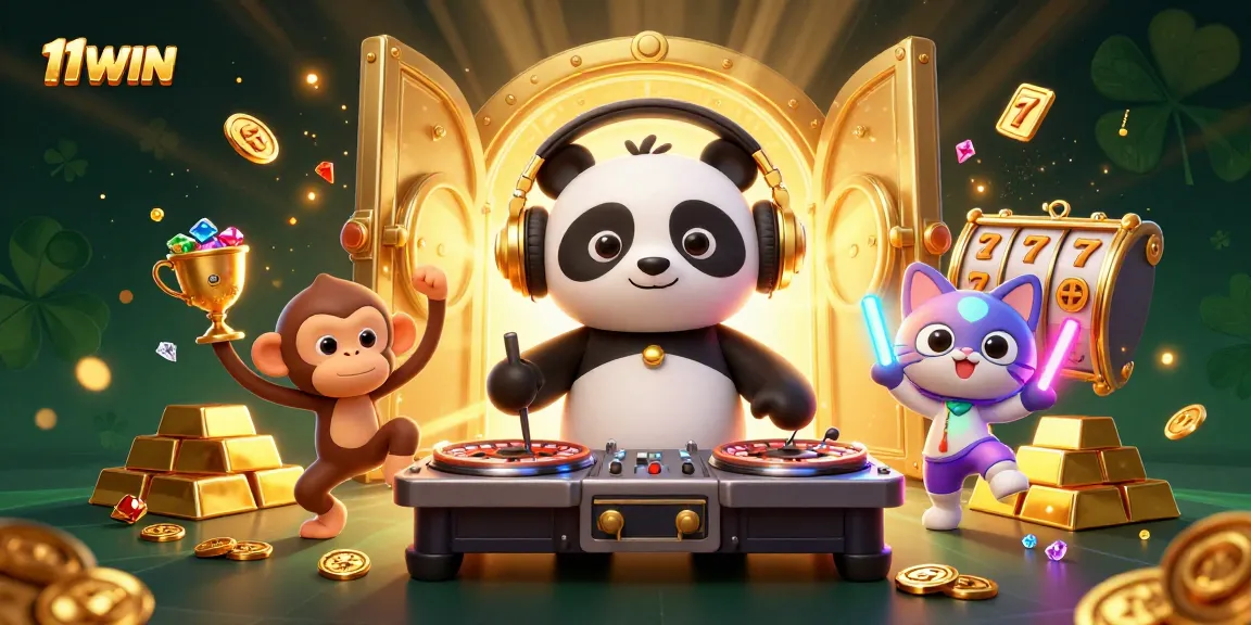 Experience the excitement of 11WIN with a DJ panda spinning luck and joy in a vibrant casino scene.