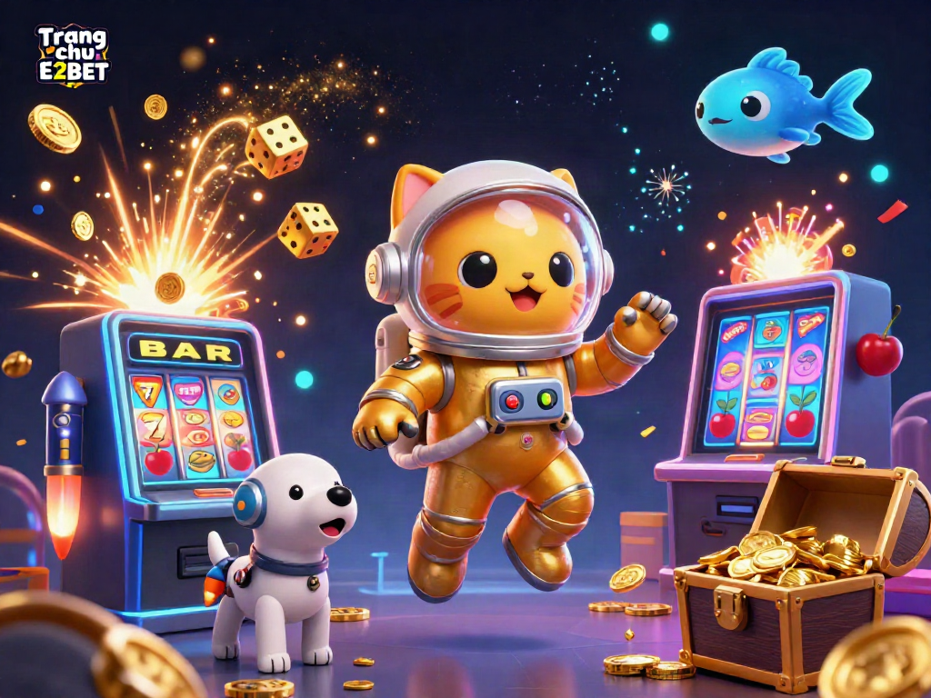 Experience gambling excitement with vibrant elements from Trang chu E2BET, featuring 3D animated characters and thrilling casino action.