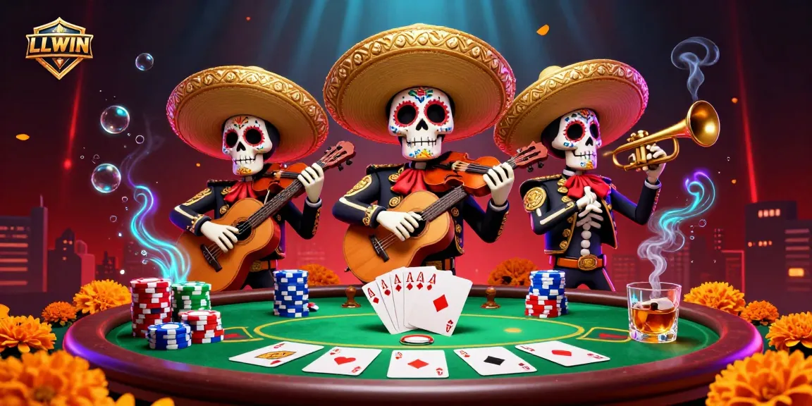 Experience LLWIN with 3D cartoon mariachi band surrounded by casino elements, enhancing your gaming at LLWIN.
