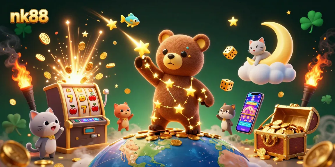 Experience thrilling gaming adventures at nk88 with vibrant slots, coins, and animated characters.