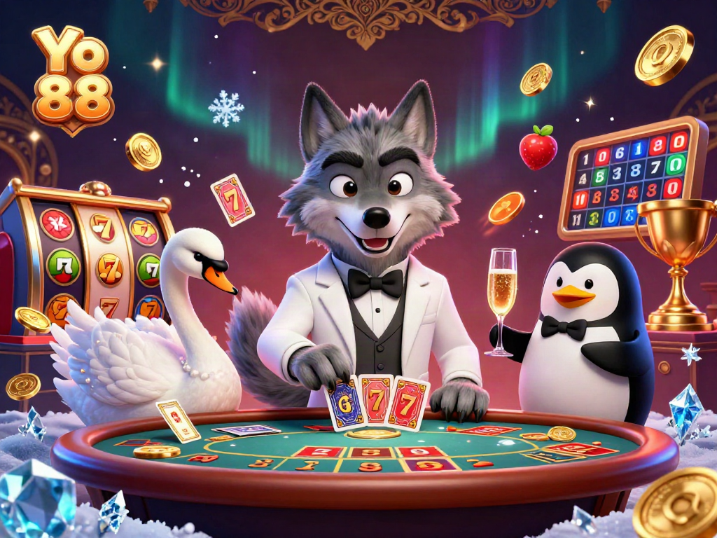Experience the thrill of Yo 88 at a baccarat table with a debonair wolf, elegant swan, and sophisticated penguin!
