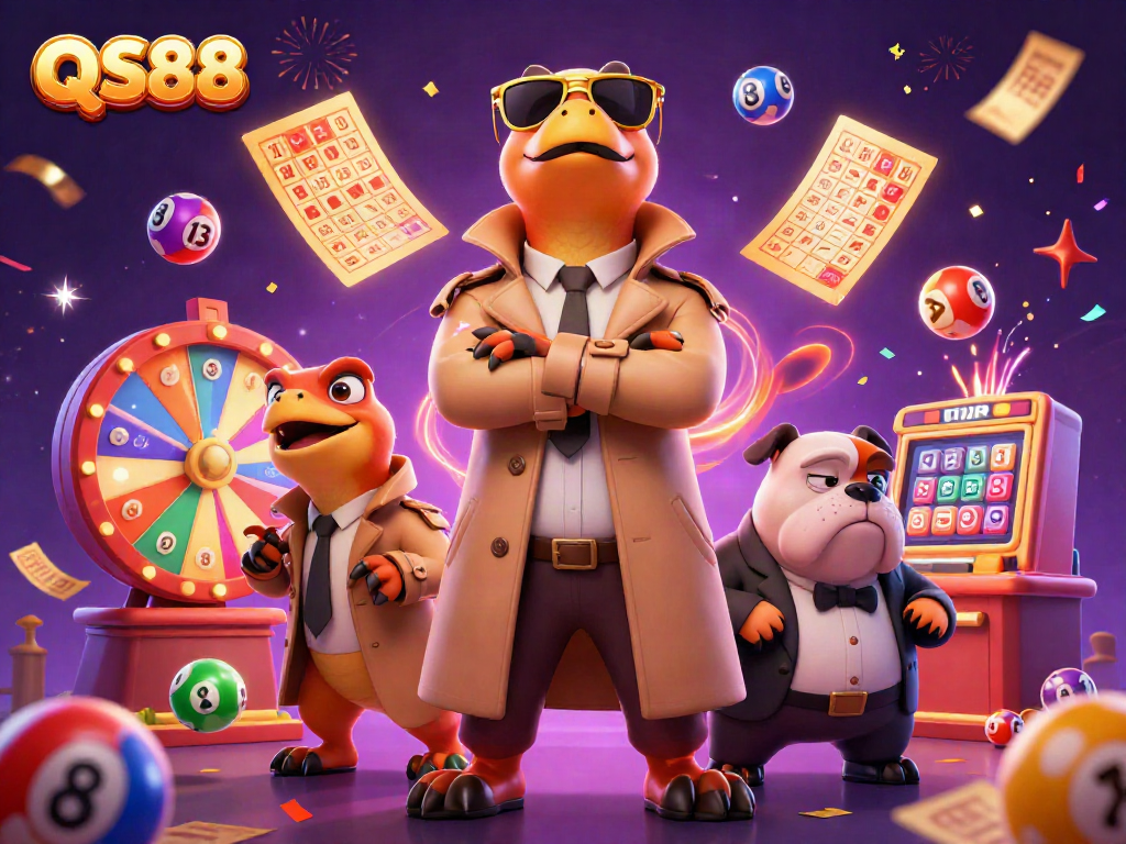 QS88 offers raptors in costumes attempting to enter a VIP casino, with dynamic gambling elements surrounding.