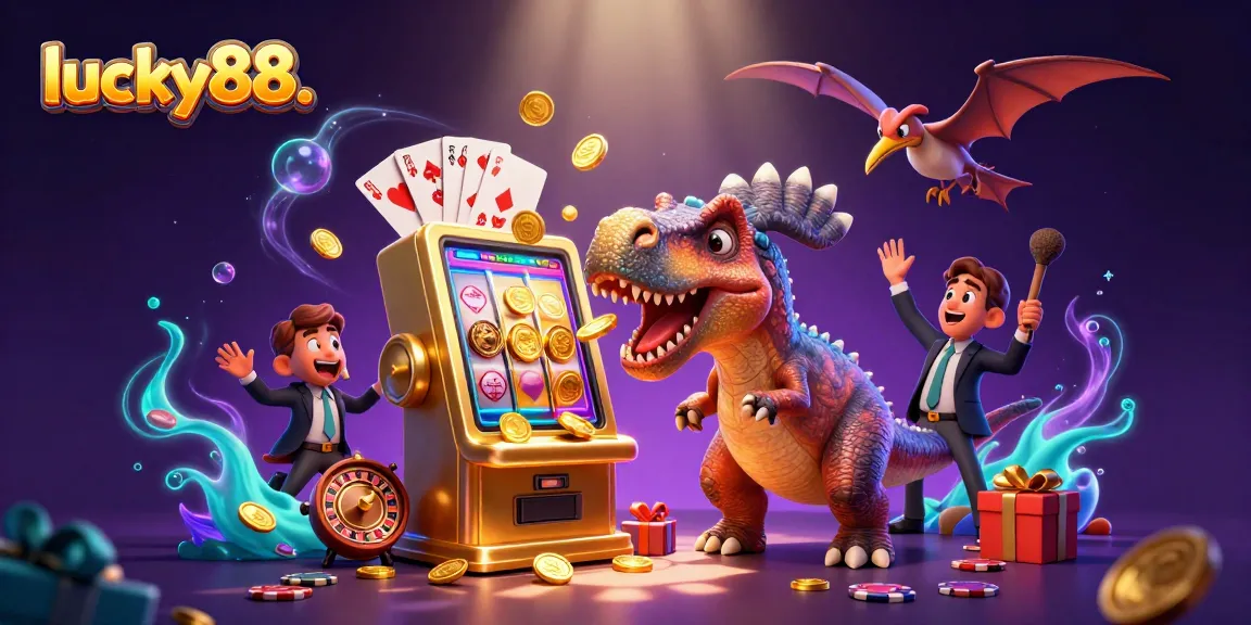 Experience excitement at lucky88. with a cartoon pachycephalosaurus winning jackpot coins from a golden slot machine.