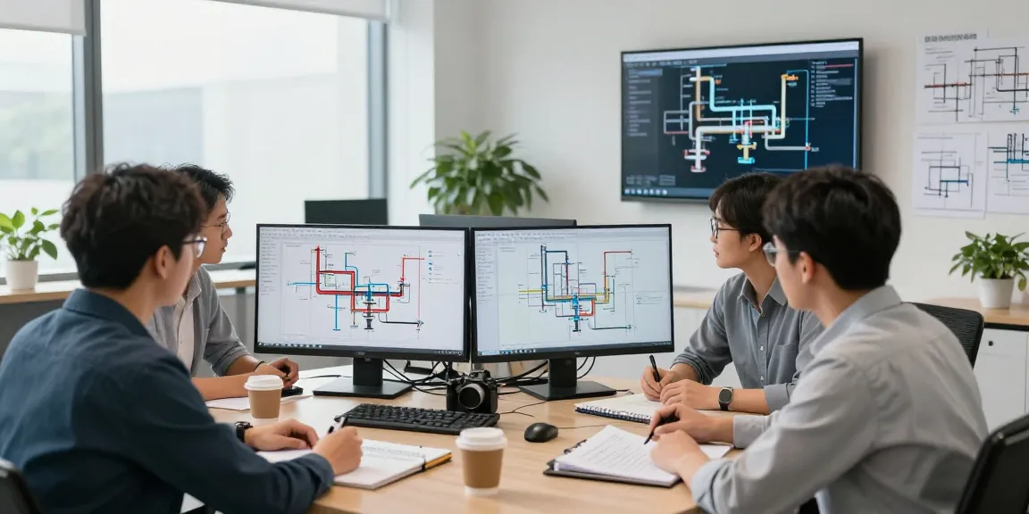 Piping Stress Analysis USA: Engineers collaborating on piping stress data in a modern office.