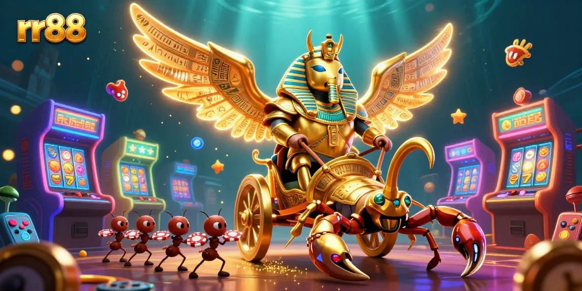Experience thrilling gameplay with rr88 as a golden scarab beetle leads a lively casino adventure, surrounded by colorful arcade elements.