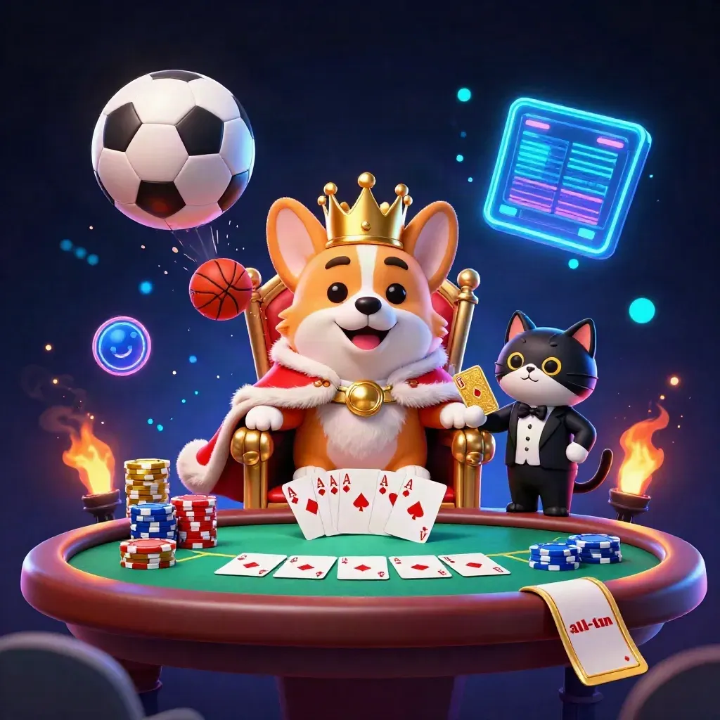 Corgi king and cat butler amid poker chips, balls, and neon casino sparks.
