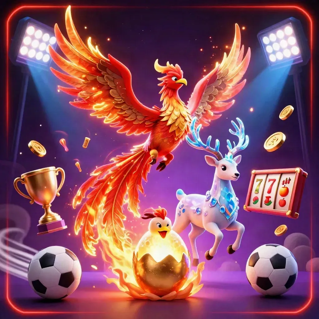 Fire phoenix, baby phoenix, and crystal stag amid casino-sport power, coins, and neon light.