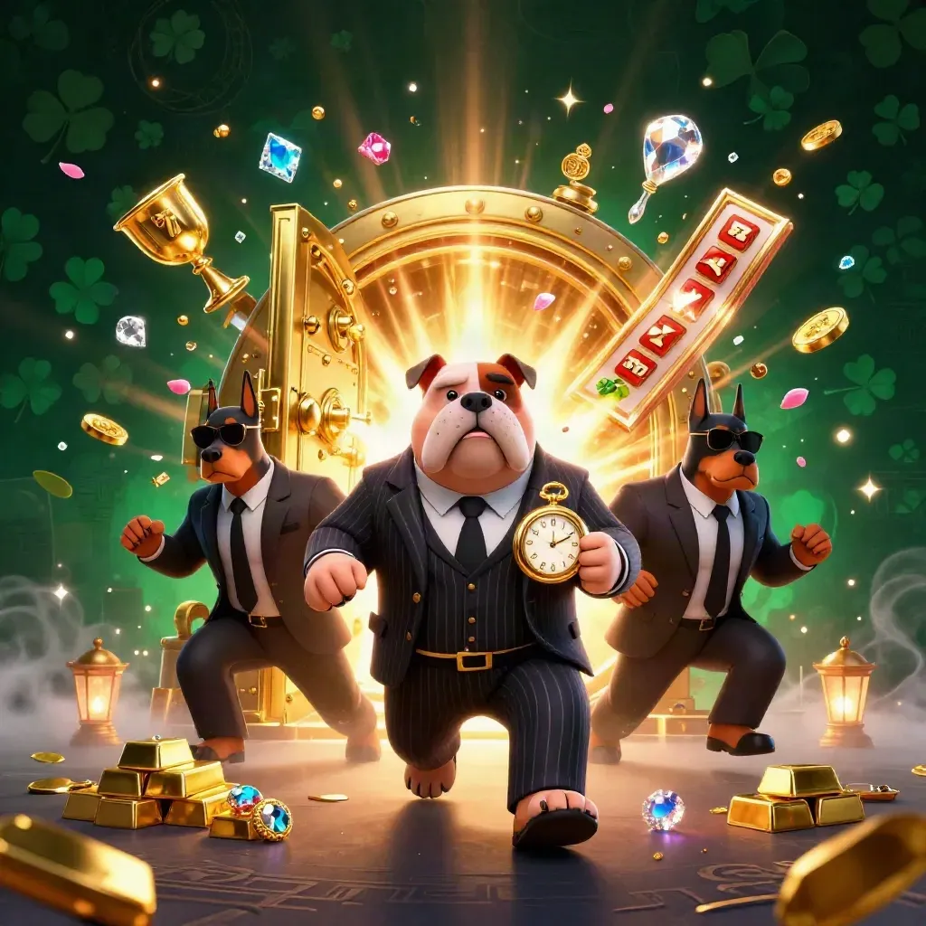 Mafia bulldog and Dobermans blast from a gold vault amid neon casino treasure and emerald haze.