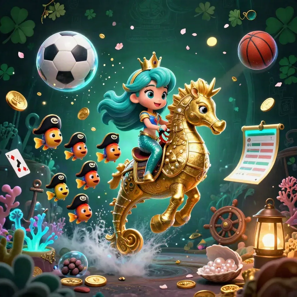 Mermaid princess rides a golden seahorse through a treasure cove with coins, fish, balls, and glowing loot.