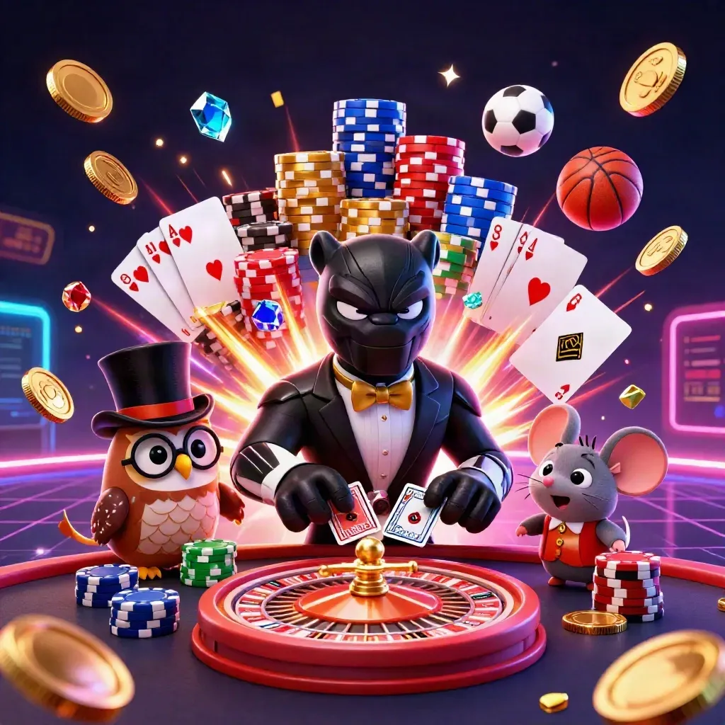 Panther, owl, and mouse amid chips, cards, roulette, coins, and neon sports balls.