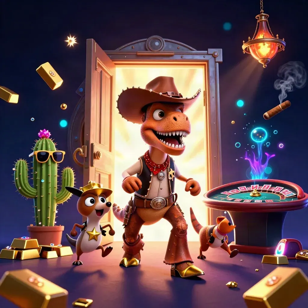 Cowboy T-Rex, cactus and roadrunner burst from a glowing gold vault in neon casino light.