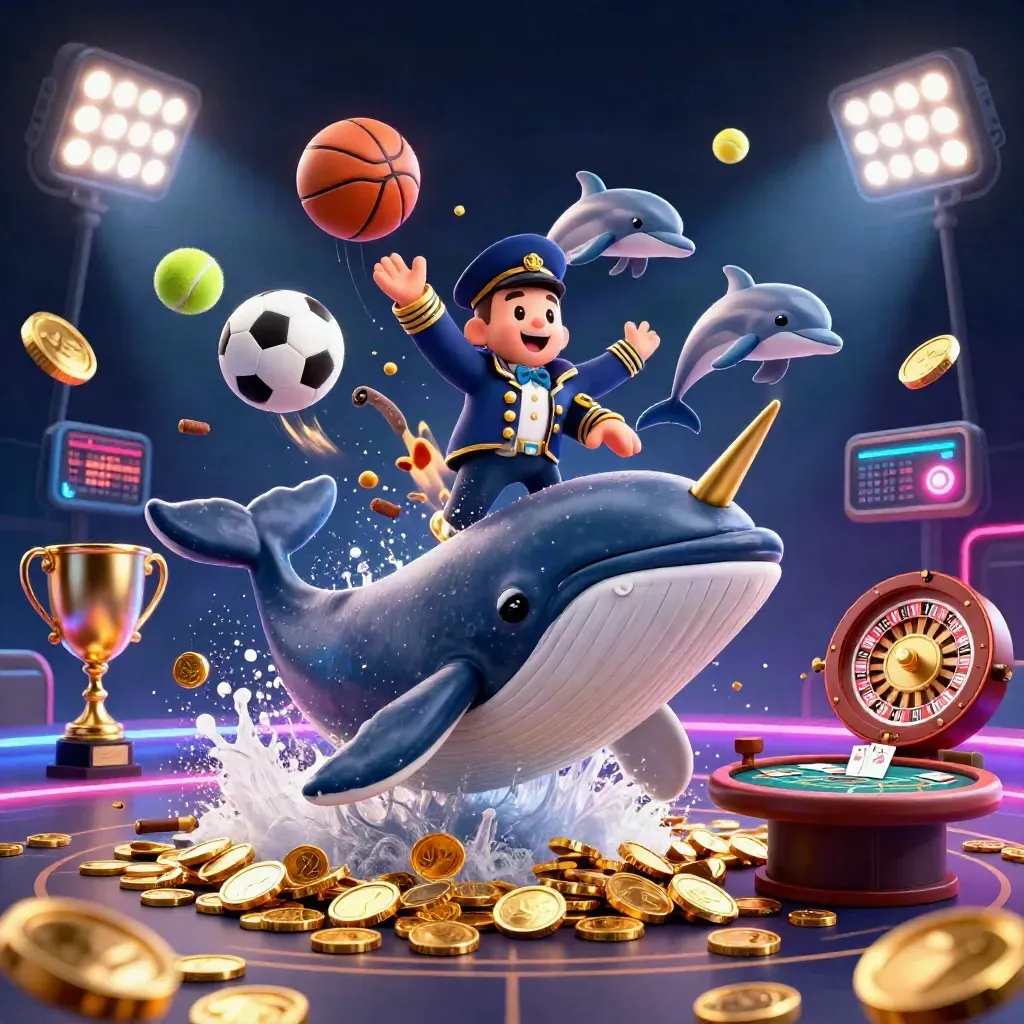 Whale, narwhal, and dolphins in a neon casino with coins, balls, trophy, and glowing game lights.