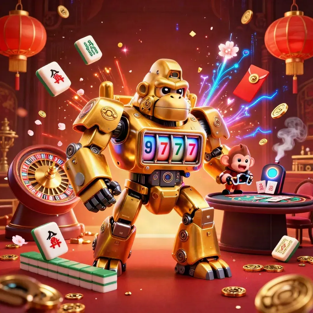 Golden gorilla mech with tiny monkey pilot amid casino glow, roulette, lanterns and neon energy.