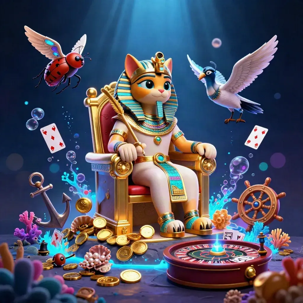 Pharaoh cat on throne with ibis scribe and gem-winged scarabs in glowing underwater casino treasure.