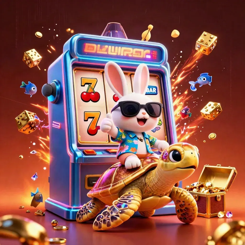 Lucky rabbit on a gold sea turtle amid jackpot burst, neon casino key art