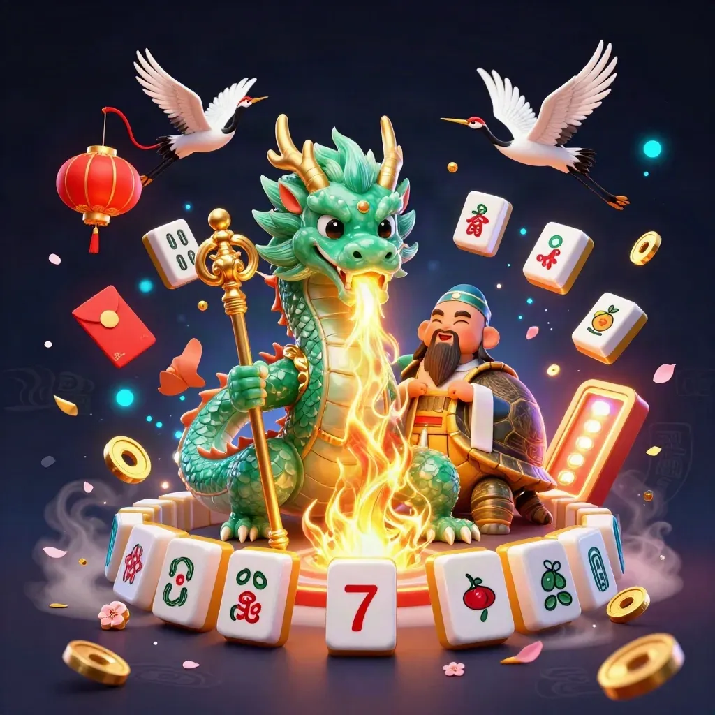 Jade dragon, turtle sage and cranes burst amid lanterns, coins, petals and casino glow.