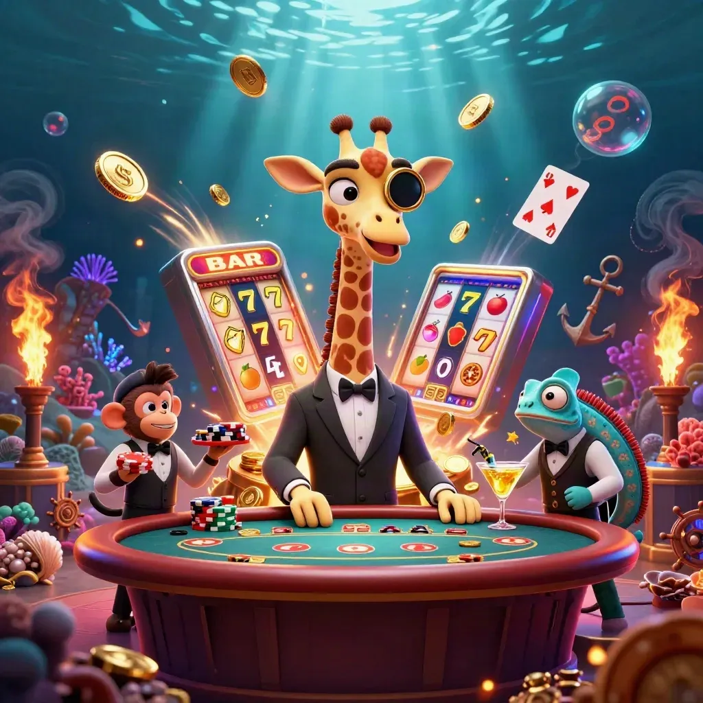 Giraffe, monkey valet, and chameleon bartender amid a neon underwater treasure burst.