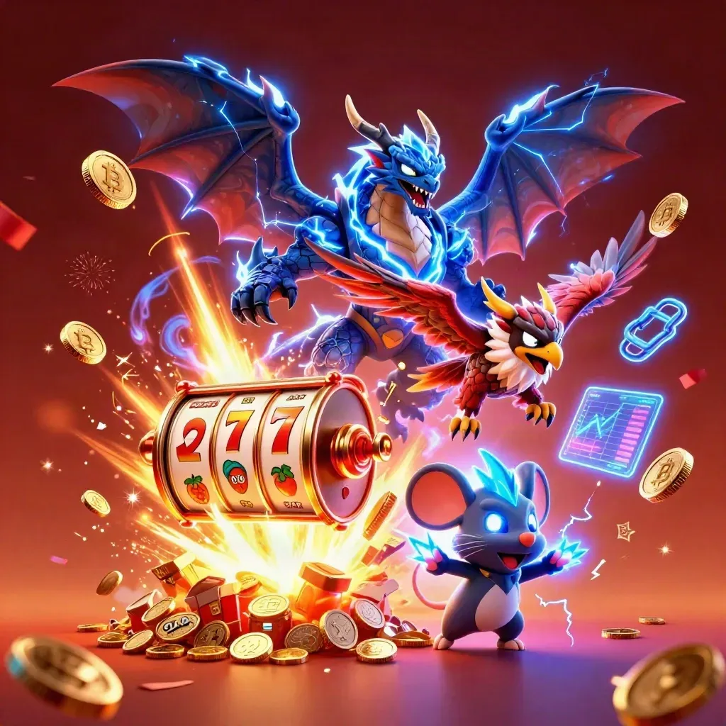 Thunder dragon, glowing hawk, and static mouse burst from a vault amid coins, slots, lightning, and fireworks.