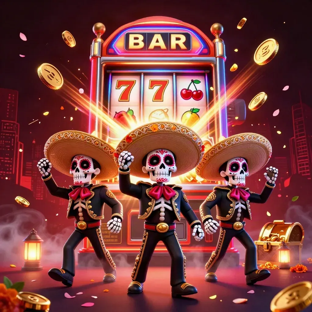 Neon Day-of-the-Dead mariachi skeleton trio amid slot machine blasts, gold coins, and fireworks.
