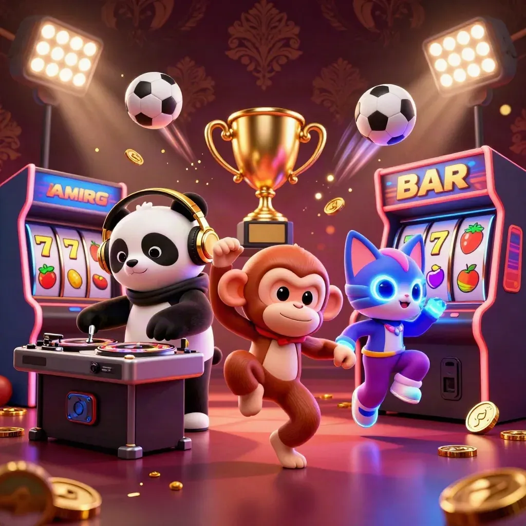Panda DJ, dancing monkey, and rave kitten amid coins, reels, trophies, and neon casino lights.