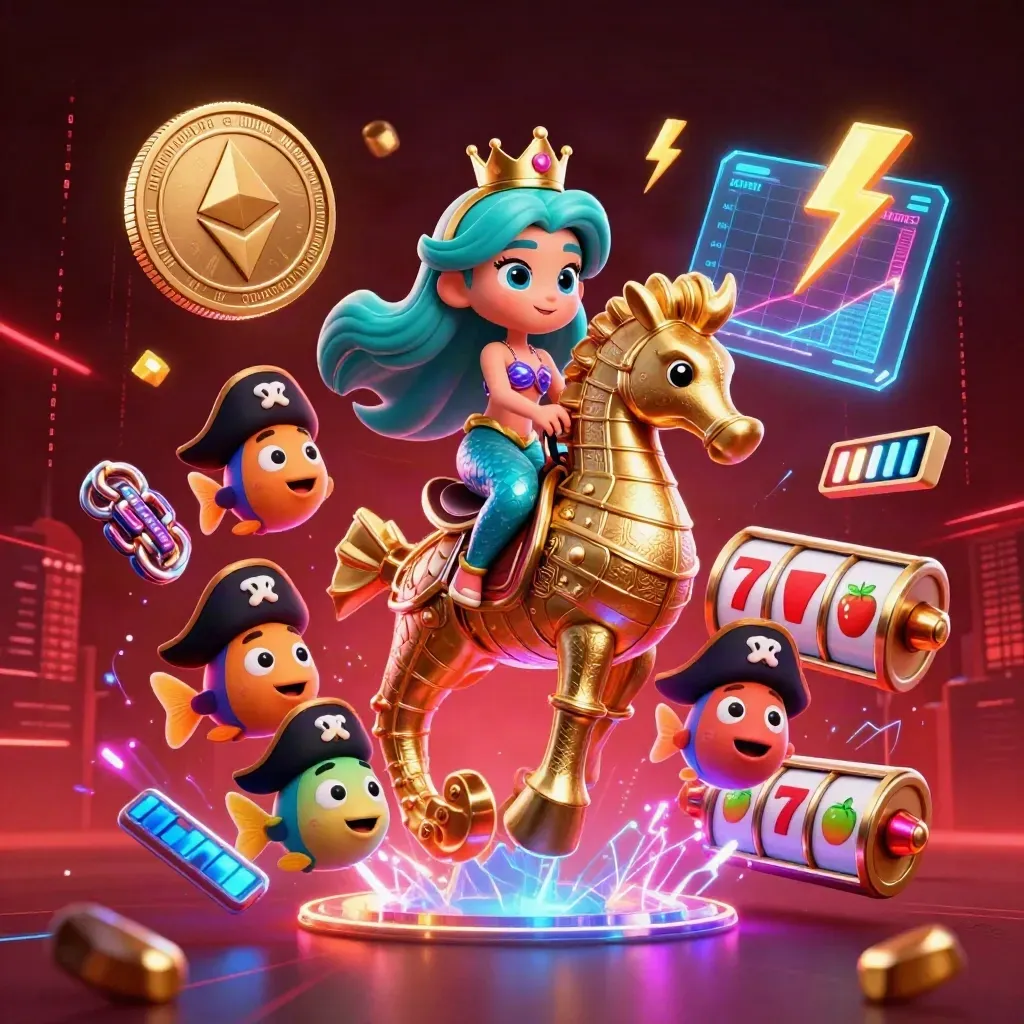 Mermaid princess on a gold-armoured seahorse amid neon coins, pirate fish, and slot symbols.