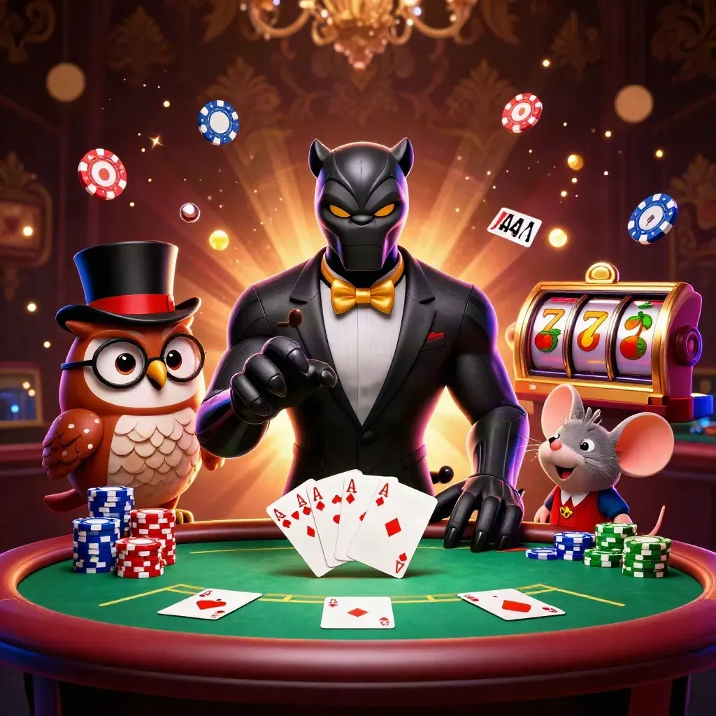Tuxedo panther, owl, and mouse amid chips, cards, reels, and casino glow