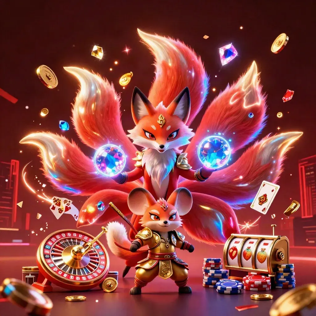 Neon fox spirit and armored mouse amid coins, chips, roulette wheel, reels, and glowing sparks
