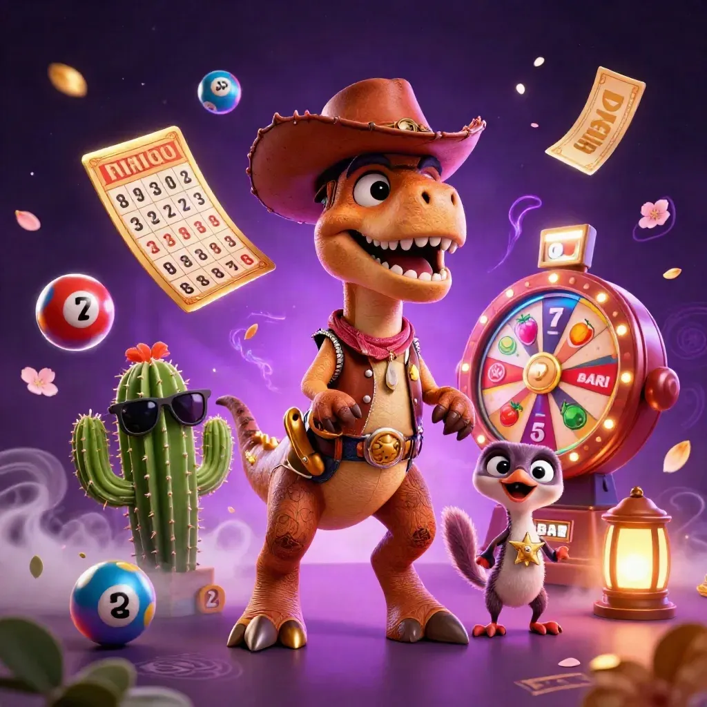 Cowboy T-Rex, cactus, and roadrunner amid casino symbols in neon purple glow.