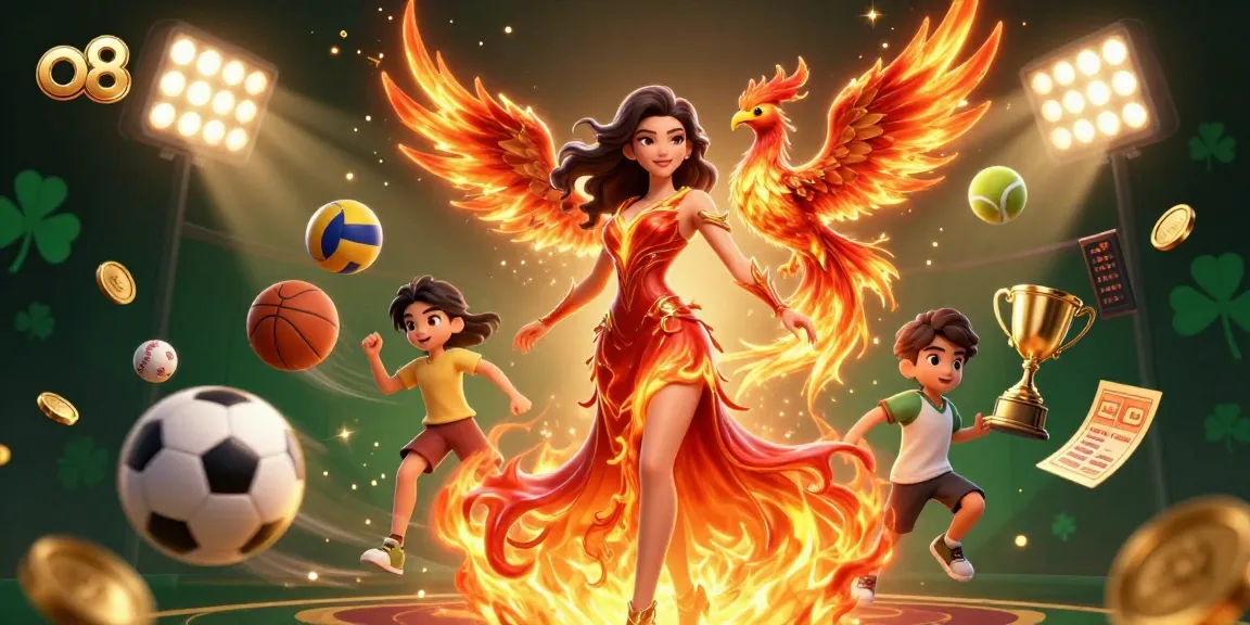 Experience the lively atmosphere of o8 with a fiery-themed 3D illustration celebrating sports betting and casino excitement.