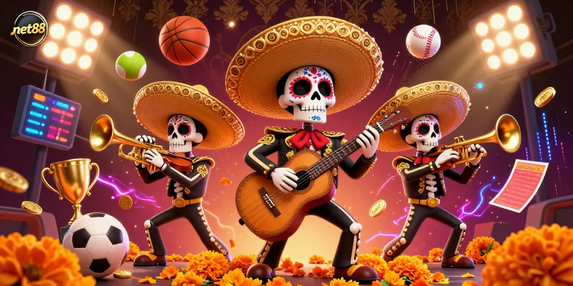 Celebrate with net88 as a vibrant mariachi band dances among sports elements showcasing dynamic gambling excitement.
