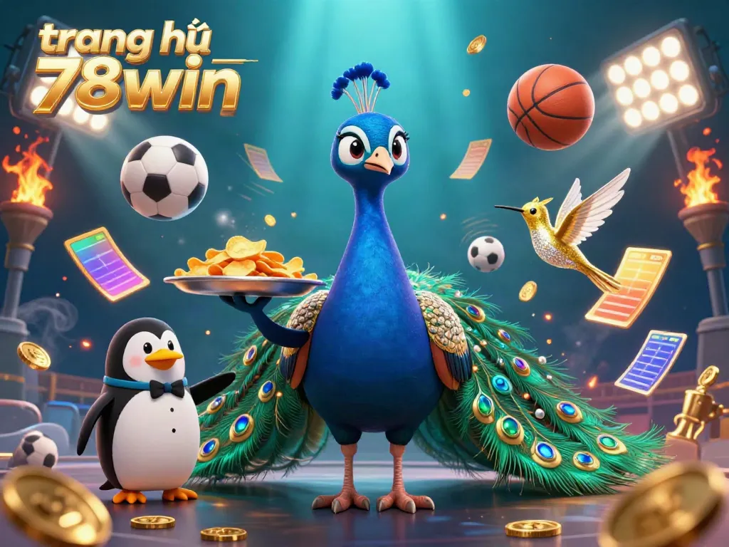 Engaging illustration of trang chủ 78win showcasing a vibrant casino scene with dynamic sports elements and colorful characters.