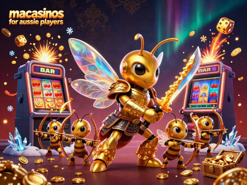 Engage with mac casinos for aussie players in a vibrant 3D illustration featuring a golden hornet samurai amidst dynamic gaming elements.