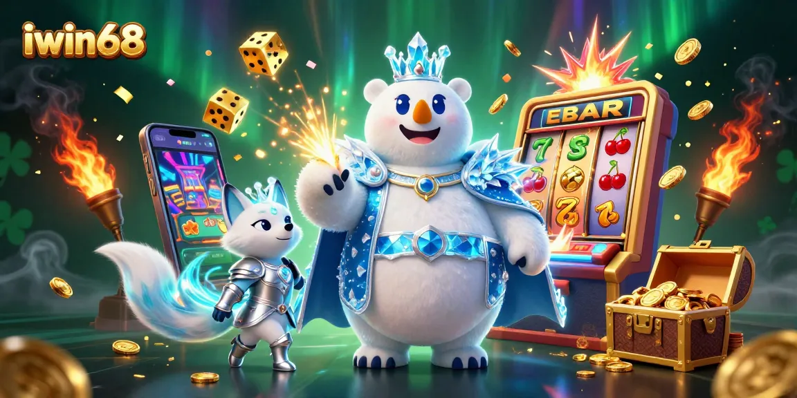 Iwin68 players enjoy vibrant slots action with cartoon characters in a dynamic casino scene.