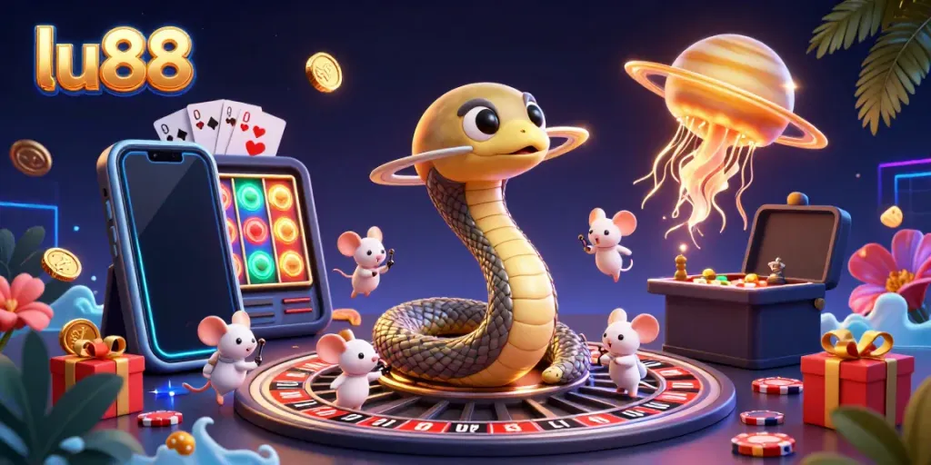 Experience thrilling betting at LU88 with a 3D scene featuring cosmic characters and gambling elements.