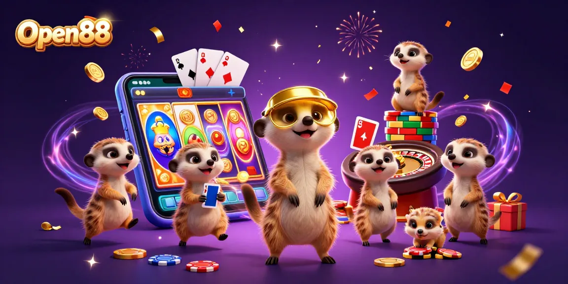 Open88 meerkats orchestrating a vibrant casino scene with captivating elements and gaming excitement