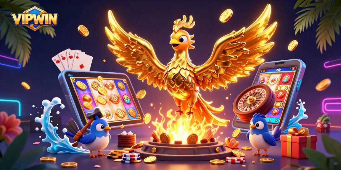 Experience thrilling gameplay with VIPWIN's golden phoenix and casino elements in a vibrant 3D scene.