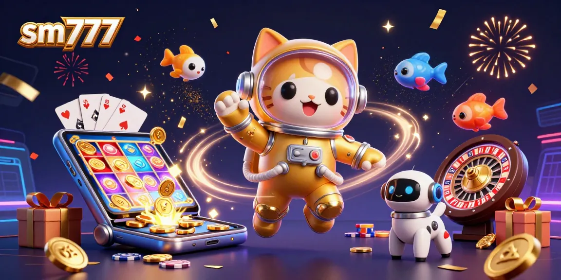 Engage with the thrilling world of sm777 where a 3D cartoon astronaut cat and robot dog explore exciting gaming adventures.