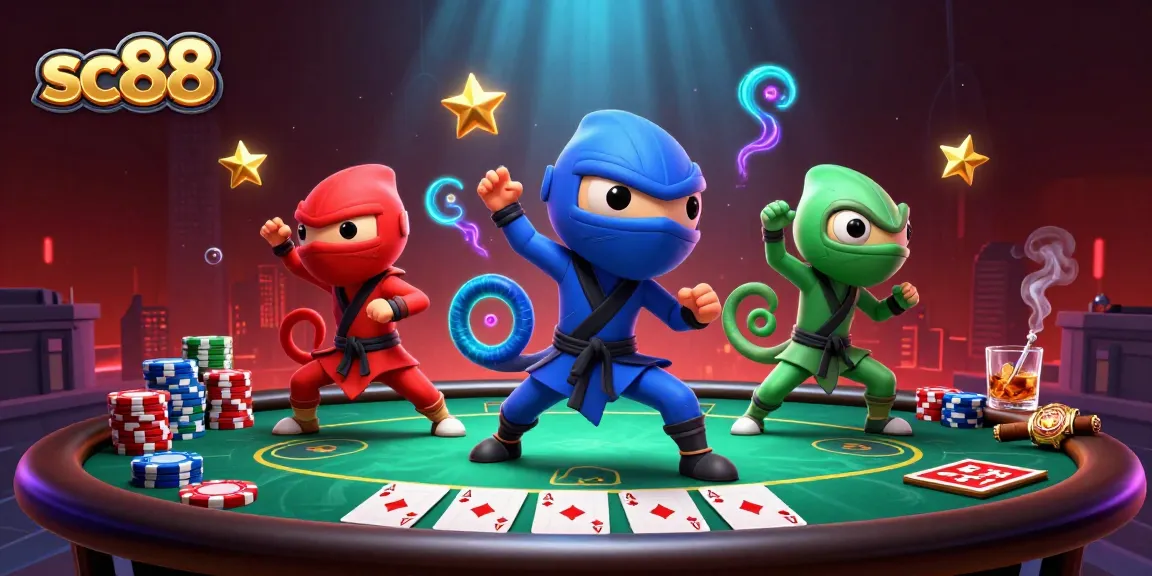 sc88 casino ninjas compete with chips and poker in a vibrant, action-packed illustration